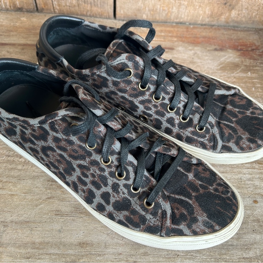 Saint Laurent Leopard Print Blue Black Brown Sneakers 39.5 (fit 8.5) - Picture 4 of 12
